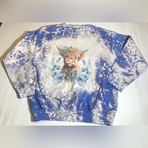 Graphic Crew Sweatshirt Sz L Floral Highland Cow Cottage Core Bleach Tie Dye